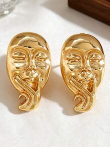 1 Pair Vintage Creative Design Gold Portrait Stud Earrings, Personalized 3D Face Earrings, Suitable For Daily, Party And Casual Wear, Jewelry Accessories - Gold - View 7