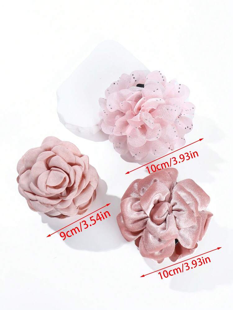 3PCS Women's Solid Color Fabric Large Multi-Layer Rose Flower Hair Clips Elegant Updo Claw Clips Daily/Date/Commute Versatile Hair Accessories - Solid Pink + Velvet Pink + Rhinestone Pink - View 2