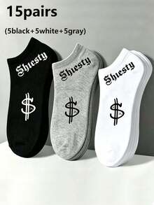 1/5/10/15 Pairs Men's Dollar Letter Pattern Boat Socks, Soft Fashionable Breathable Sweat-Absorbing Short Socks, Street Style, Unisex, Suitable For Daily Wear, All Seasons - Multicolor - View 14