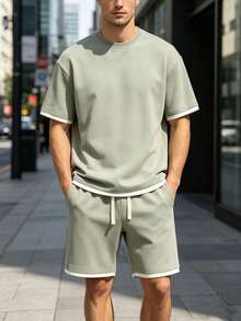 Koord T-Shirt Pria Kolor Kantong Contrast Binding Plain Casual - Hijau Tentara - View 4