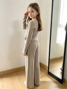 Girls' Fashion Casual 3D Floral Decor Asymmetric Shoulder And Hem Design Knit Top And Straight Leg Pants Set - Maroon - View 5