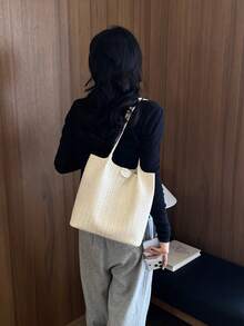 Dedoo 編織人造皮革大號托特包，長肩帶開口設計極簡女款手提包，適合辦公與日常使用 - 白色 - 查看 5