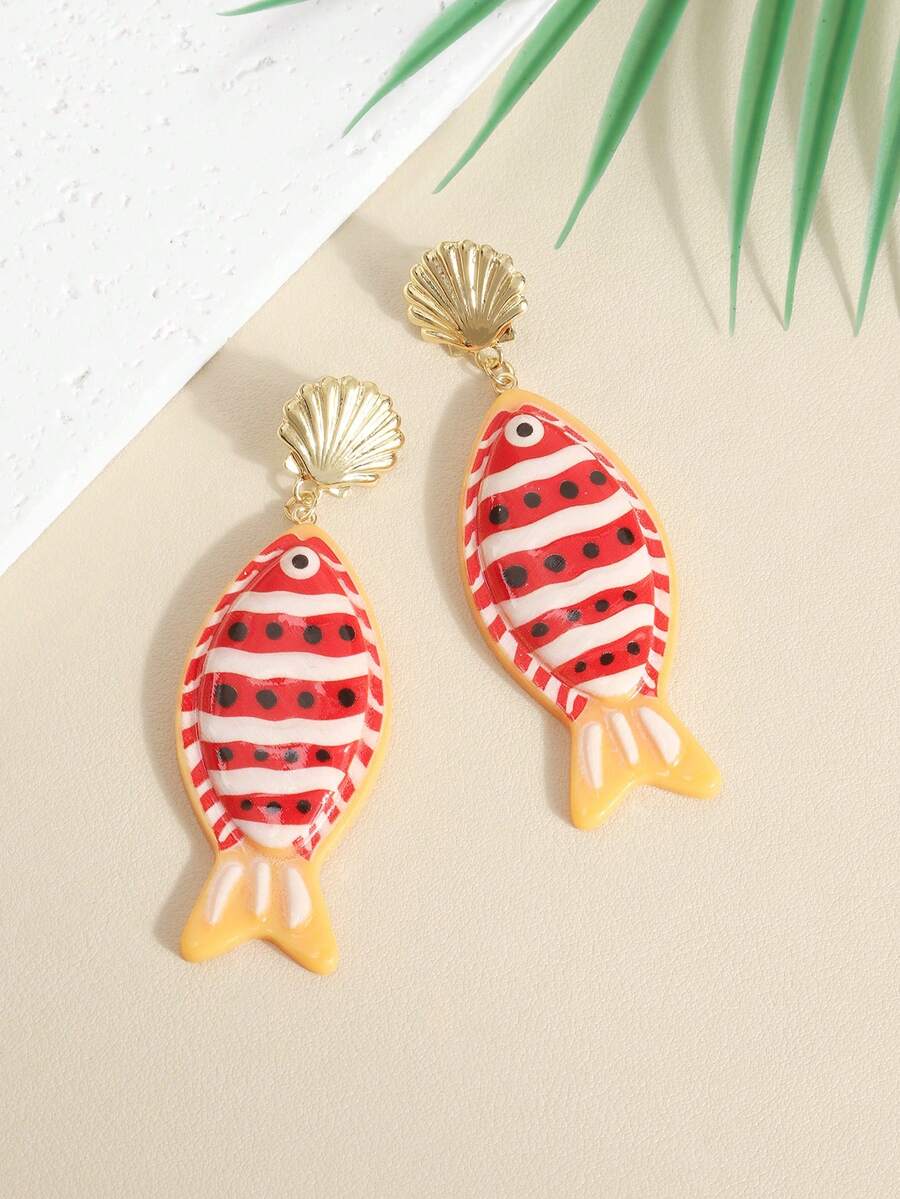 海灘度假配件 可愛條紋魚耳環 金色貝殼吊墜 對比色俏皮長款耳環 - A - 查看 1