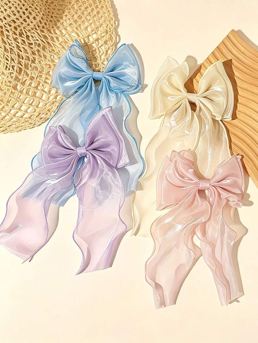 4pcs Sweet Party College Style Fairy-Like Bow Ribbon Hair Clips, Blue Mermaid Tulle Top Clip, Elegant Mesh Duckbill Hair Accessory - Multicolor - View 1