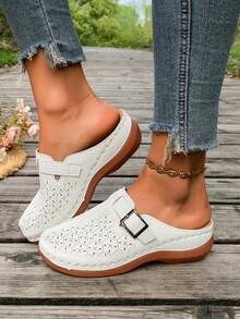 New Women's Thick Sole Platform Wedge Sandals With Buckle Hollow Design Solid Color Beach - White - View 3