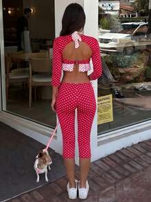 Y2K Retro Red Polka Dot Set - Cropped Colorblock Polka Dot Jacket + Red & White Contrast Camisole + High Waist Slit Capri Pants, Eye-Catching Elegant - Red and White - View 10