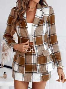 ChicMe Women's 2-Piece Plaid Suit Set, Lapel Jacket With Skort, Vintage Casual Business Commute Outfit - Coffee Brown - View 9