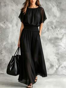 Gaun Panjang Chiffon Hitam Polos Elegan, Leher Bulat, Lengan Pendek Bergelombang, Pinggang Berkerut Elastis, Gaun Wanita yang Mengalir - Hitam - View 2