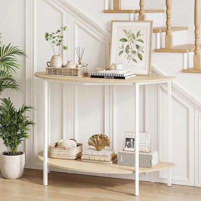 Half Moon Console Table, 40" Narrow Entryway Table With Storage Shelf, 2-Tier Modern Sofa Table With Metal Frame, Behind Couch Table For Hallway, Living Room, Entrance & Foyer, Natural & White