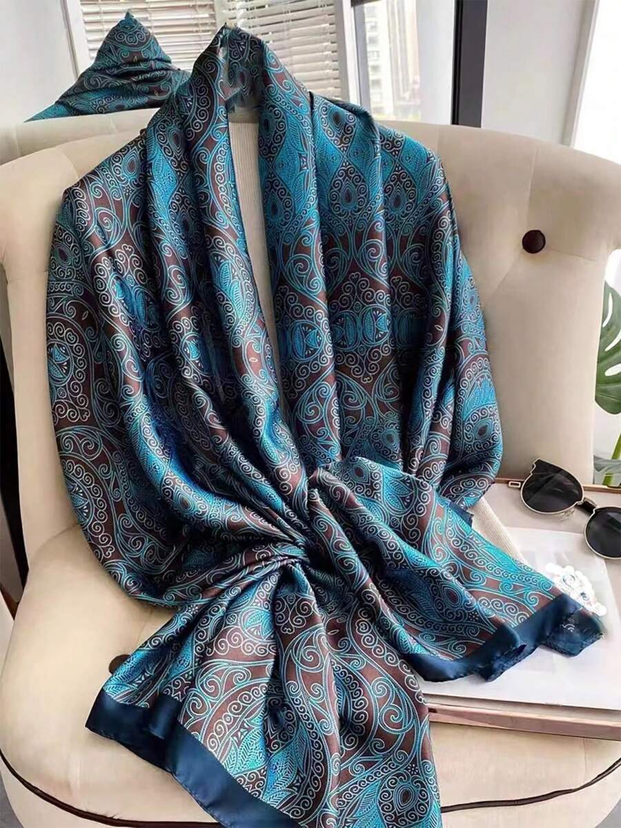 1件女款土耳其藍印花仿絲綢圍巾,可用作頭巾、保暖圍巾或洋裝圍巾 - 松石藍 - 查看 1