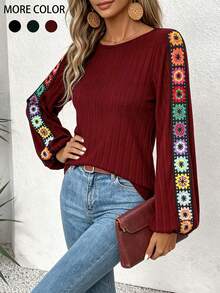 YI XUAN Women's Boho Embroidered Long Sleeve Blouse Round Neck Textured Shirt Colorful Floral Embroidery On Sleeve Casual Fall Daily Wear Tops - Redwood - View 5