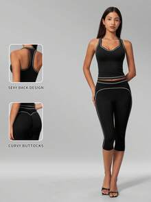 MFVIM Conjunto deportivo de top de tirantes a rayas con bloques de color y leggings cortos ajustados, adecuado para trote diario al aire libre, ciclismo y yoga - Negro premium - Ver 3