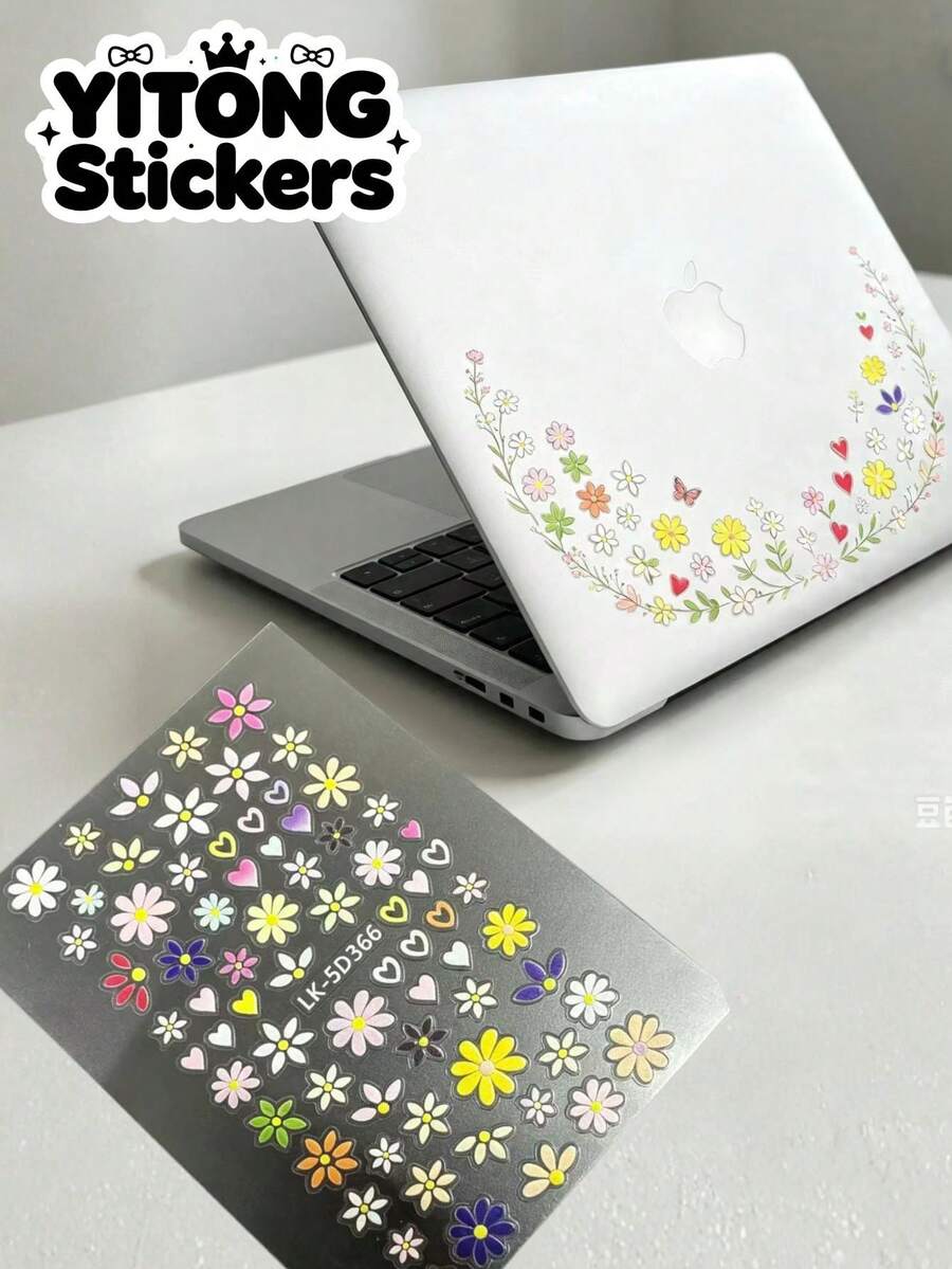 1pc Macaron Multicolor Daisy Heart Butterfly Stickers, Colorful Small Flower Heart Shape Butterfly Waterproof Self-Adhesive Decals For Laptop, Phone Case, Tablet, Digital Product Shell, Soft Style Decorative Sticker Material - Colorful Little Flower Hearts - View 1