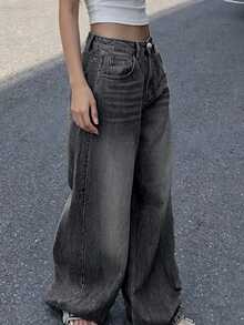 青少年時尚直筒寬腿休閒牛仔褲，適合四季穿著 - 灰色 - 查看 3