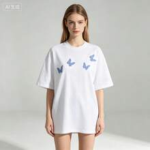 Minimalist Blue Butterfly Pattern Round-Neck Loose-Fitting Women's Short-Sleeve Shirt T Shirt - 白色 - 查看 1