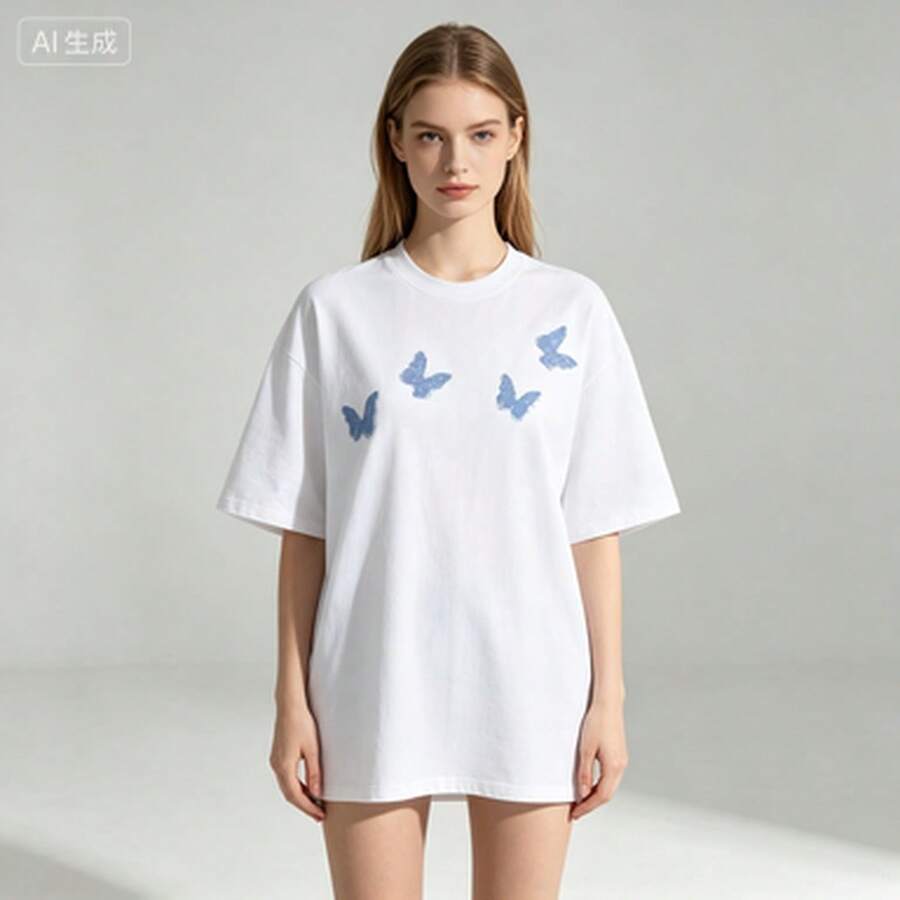 Minimalist Blue Butterfly Pattern Round-Neck Loose-Fitting Women's Short-Sleeve Shirt T Shirt - 白色 - 查看 1