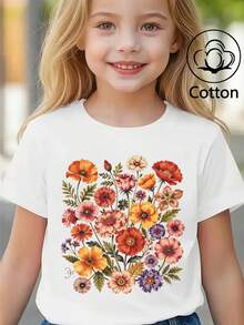 Summer And Autumn Cotton Short-Sleeved T-Shirt For Girls, Featuring A Hand-Painted Wildflower Bouquet Print In A Cute And Sweet Style - White - View 5