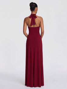2026 New Solid Color Elegant Mature Sexy Knit Fabric High Slit To Thigh Dress For Party, Wedding, Date, Homecoming, Wedding Guest, Formal Evening Event, Summer - Burgundy - View 3