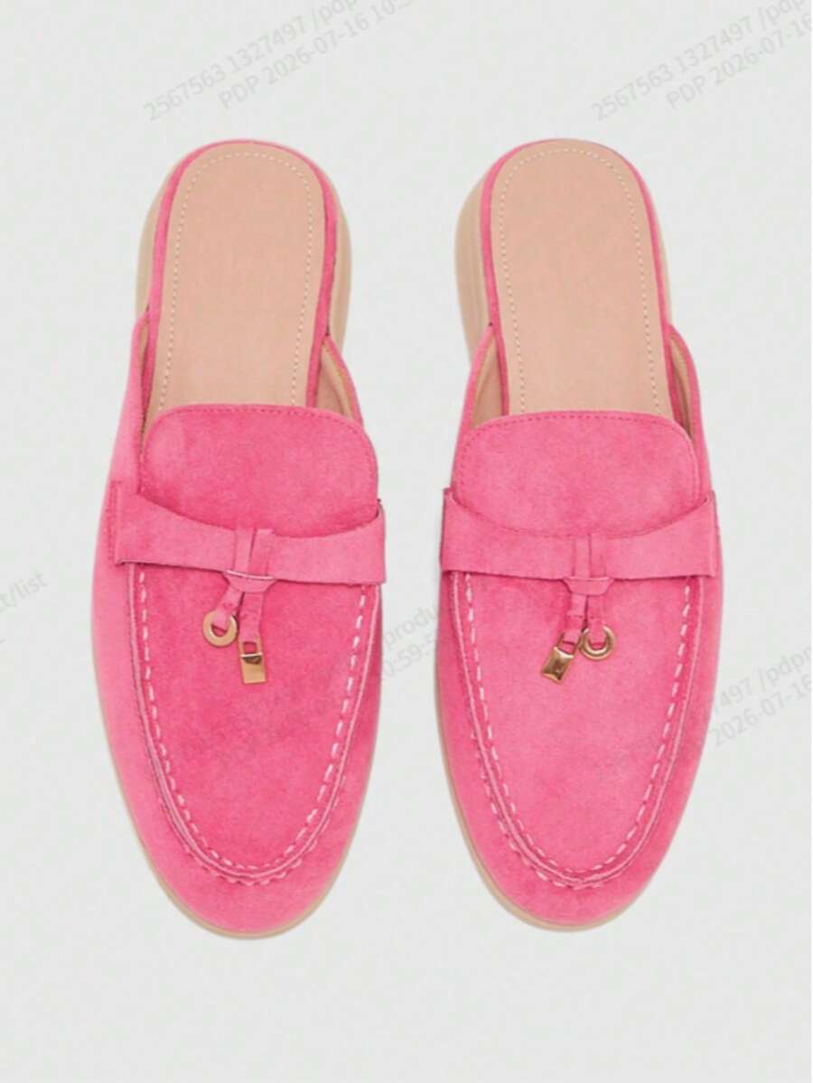 Women's Fashion Rose Red Suede Comfortable Commuter Flat Mule Shoes, Flat Slip-On Shoes, Slippers, Suitable For Outdoor, Shopping, Work, Daily Wear, Versatile Women's Shoes - Hot Pink - View 1