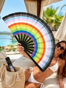 1pc Rainbow Striped Large Folding Fan, Stage Dance Prop, Beach Vacation Party Photo Decoration Handheld Fan - Multicolor - View 5