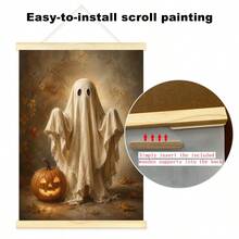1 pieza Póster de lienzo con marco/sin marco de carro de calabaza fantasma estilo acogedor de otoño campestre, decoración de arte de pared Cottagecore espeluznante de Halloween, pintura de pergamino de bruja de granja de otoño, adecuado para pasillo, apartamento, dormitorio, decoración del hogar moderno - B - Ver 5