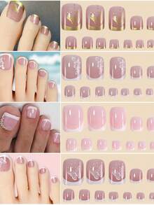Random Color 24pcs French Style Press-On Toe Nails, 12 Sizes, Full Coverage, Square Short Shape, Floral & Butterfly Pattern, Summer Nail Art Set, Suitable For Festivals, Parties, Dates And Daily Wear - Multicolor - View 2
