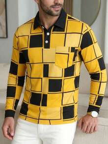 Men's Casual Pocket Long Sleeve Polo Shirt - Multicolor - View 3