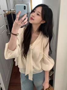Blus Elegan Serbaguna Bergaya Korea YCYC dengan Pita untuk Wanita - Aprikot - View 3
