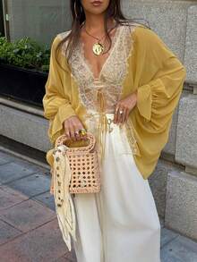 Women Fashion Elegant Lace Stitching V Neck Tops Summer Loose Lace Up Blouse - Mustard Yellow - View 2