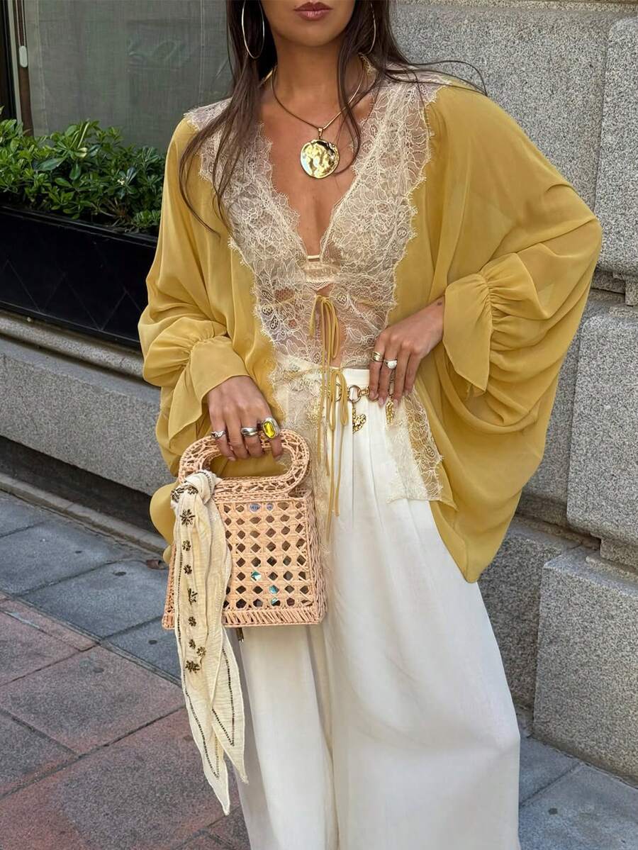 Women Fashion Elegant Lace Stitching V Neck Tops Summer Loose Lace Up Blouse - Mustard Yellow - View 1