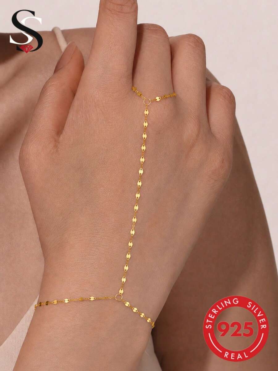 SereneSpark 1pc 18K Gold Plated 925 Sterling Silver Sequin Bracelet Ring Bracelet, Summer Vacation Beach Jewelry, Exquisite Women's Daily Party Accessory - Gold - View 1