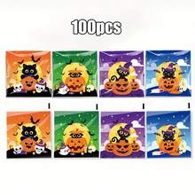 100pcs 4-In-1 New Halloween Series Cute Cartoon Castle Ghost Cat Pumpkin Transparent Self-Adhesive Bags, Halloween Party Small Gift Packaging Bags - Multicolor - View 5