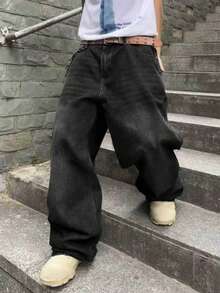 Y2K Teen Boys Straight Leg Loose Casual Versatile Denim Jeans With Pockets - Black - View 2