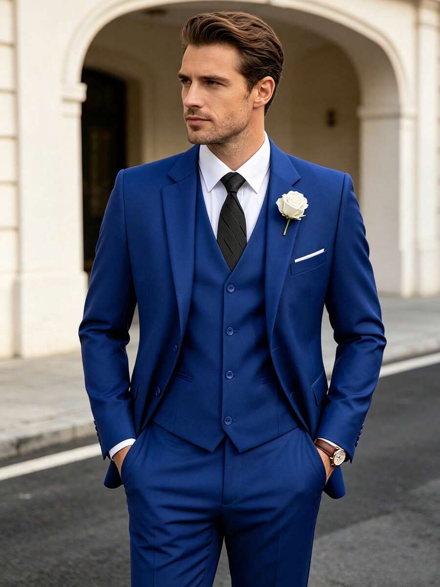 WindsorQuad 男士 3 件式優雅西裝套裝，純色修身單排扣婚禮西裝外套、背心、長褲與領帶套裝，正式派對商務