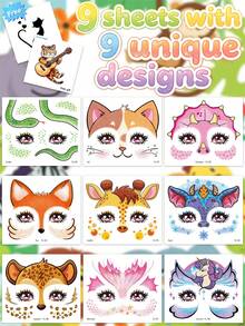 STARTTOOS 9pcs Glitter Temporary Face Tattoo Stickers For Kids And Adults - Water Transfer Leopard, Mermaid, Deer, Unicorn, Fox, For Halloween Body Painting Makeup Decoration - Multicolor - View 10