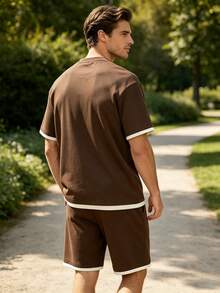 Men's Summer Contrast Color Round Neck Drop Shoulder Loose Casual T-Shirt And Drawstring Waist Shorts Set - Coffee Brown - View 6