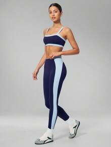 MFVIM Colorblock Backless Bra 2pcs Set, High Waist Butt Lifting Slimming Cropped Length Leggings Shaping Yoga Workout Outfit For Women - Navy Blue - View 9