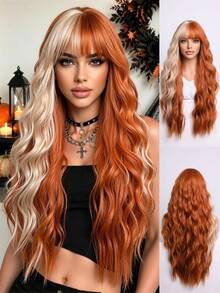 22-inch women's fashion short curly hair wig, with pink gradient color, breathable rose net cap, heat-resistant hair strands - wavy texture, suitable for women's daily wear and special occasions - Naranja Quemada - Ver 12