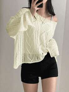 YCYC Autumn/Winter Hollow Out Long Sleeve Knit Sweater - White - View 2