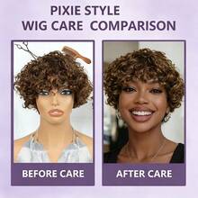 Women' Brazilian Real Human Hair Wig Brown/4#, 1B Color Suitable For Skin Tones - Short Loose Curly Tight Curly Bob Pixie Cut With Bangs & Fringe, Natural Looking Highlighted Wig, No Lace For Daily Wear, Parties, Suitable For Occasions - Multicolor - View 10