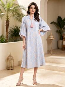 Vestido árabe para mujer con bordado pesado 2026 verano otoño azul claro elegante vestido del Día Nacional de Arabia Saudita, JALABIYA manga corta, atuendo casual para fiesta - Celeste - Ver 5