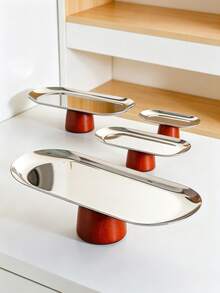 1pc Stainless Steel Silver Oval Tray + Solid Wood Base, Cosmetic Storage Organizer . Perfume Display Tray . Bedroom Nightstand Organizer Tray, . Kitchen Spice Storage . Entryway Key Tray . Office Desk Organizer, Home Daily Storage Essential, Holiday Party Serving Tray And Platter, Family Gathering Blessing Ritual Home Banquet Display, Cosmetic Jewelry Storage Tray, Christmas Halloween Gift. - Silver - View 1