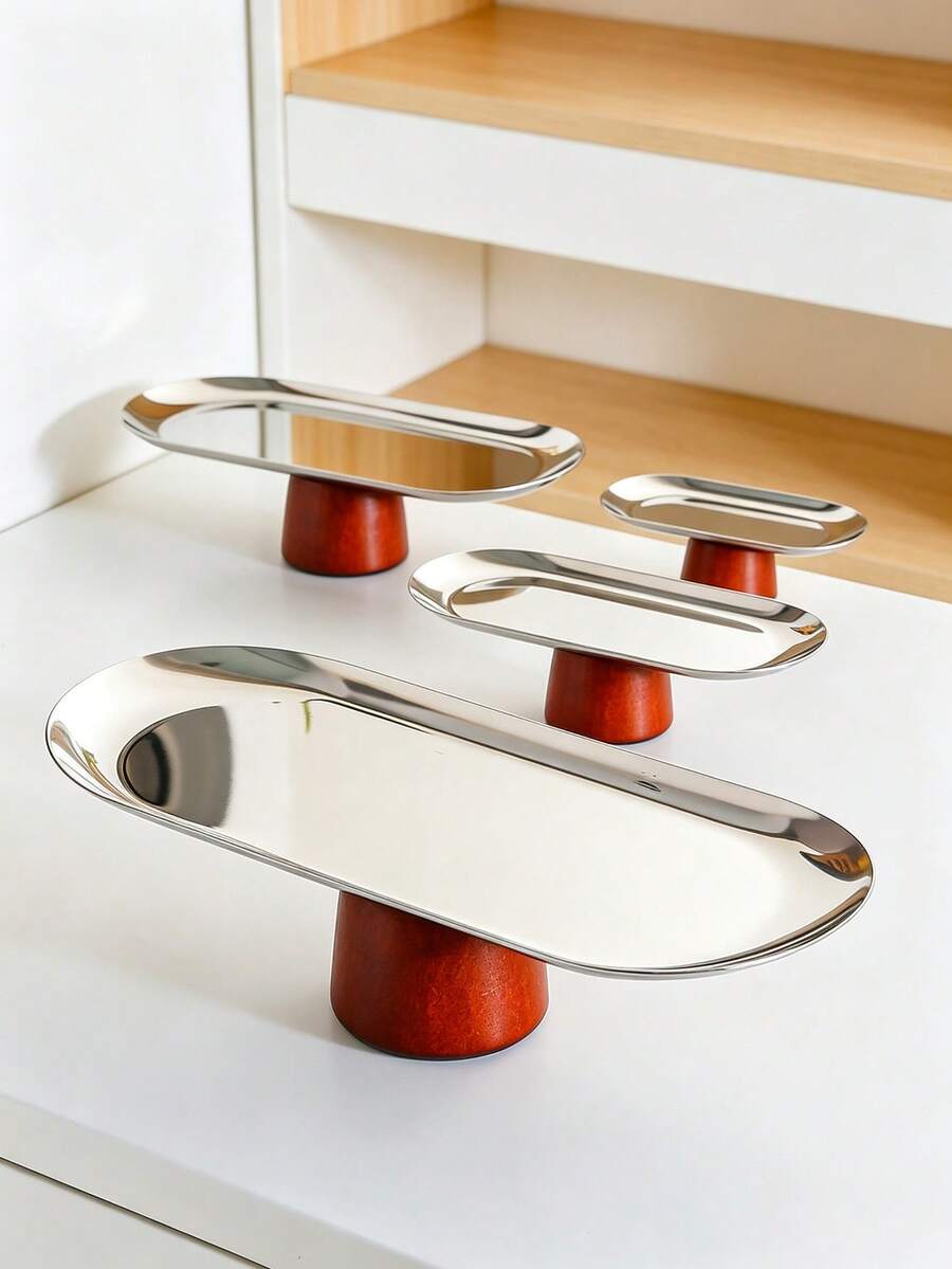 1pc Stainless Steel Silver Oval Tray + Solid Wood Base, Cosmetic Storage Organizer . Perfume Display Tray . Bedroom Nightstand Organizer Tray, . Kitchen Spice Storage . Entryway Key Tray . Office Desk Organizer, Home Daily Storage Essential, Holiday Party Serving Tray And Platter, Family Gathering Blessing Ritual Home Banquet Display, Cosmetic Jewelry Storage Tray, Christmas Halloween Gift. - Silver - View 1