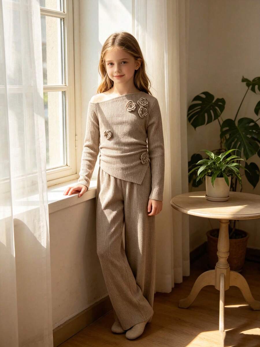 Girls' Fashion Casual 3D Floral Decor Asymmetric Shoulder And Hem Design Knit Top And Straight Leg Pants Set - Maroon - View 1