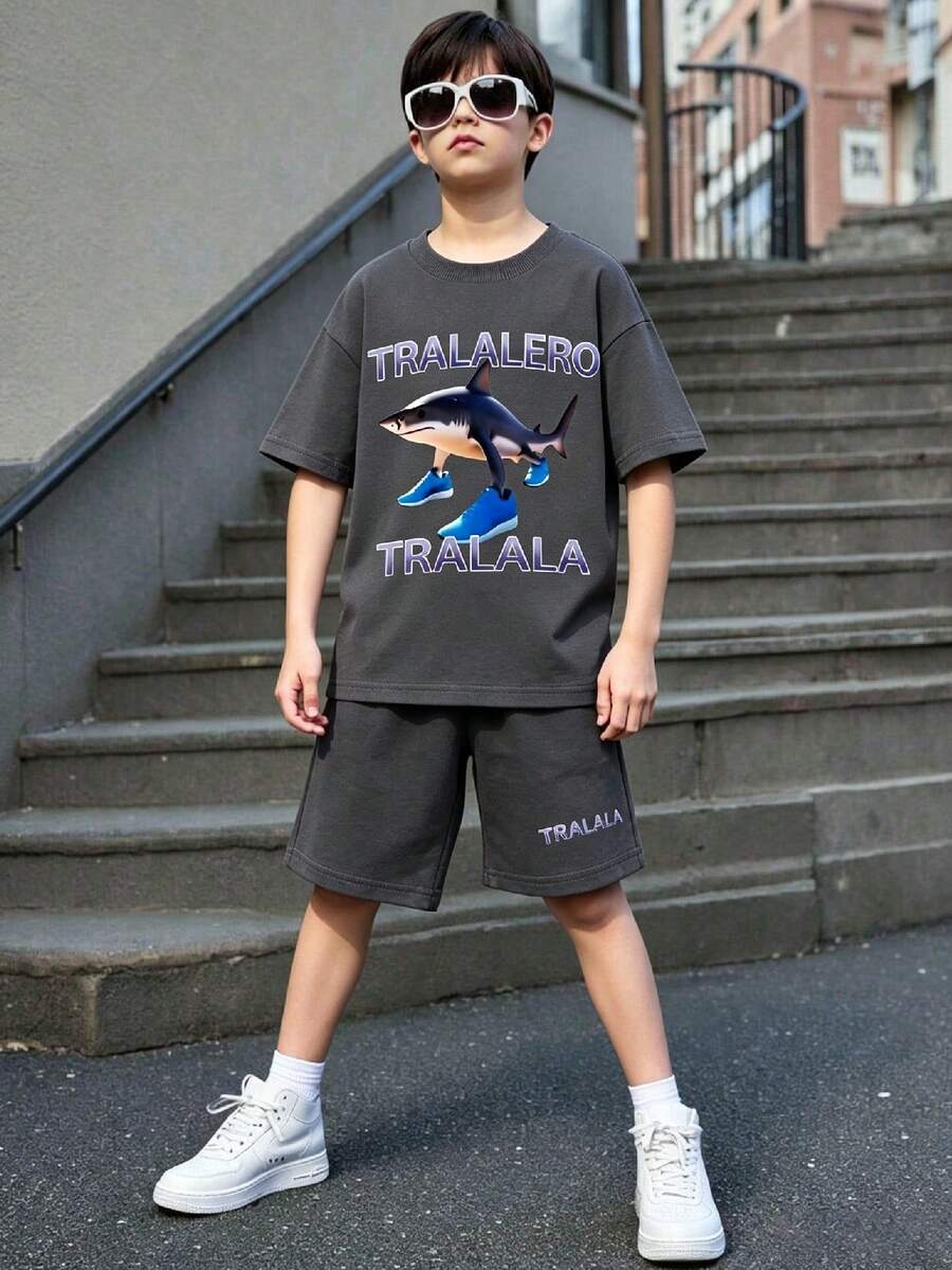 Tween Boy Cartoon Graphic Print Crew Neck Short Sleeve T-Shirt And Shorts Set - Dark Grey - View 1