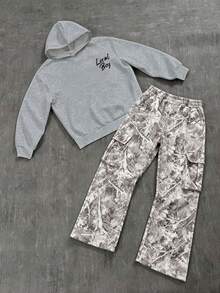 2pcs Outdoor Hunting Tween Boy Letter Print Hoodie And Plant Print Cargo Pants Set - Grey - View 2