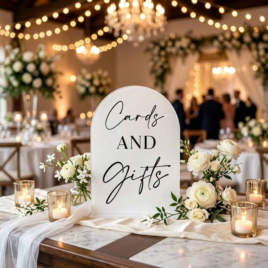 White Arched Acrylic Card & Gift Wedding Sign | Modern Handwritten Tabletop Signage, Minimalist Wedding Reception Card & Gift Display Decor, Suitable For Bridal Shower, Anniversary And Engagement Events - A - View 1