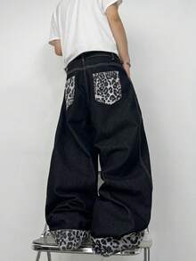 Justice Brother 1pc American Streetwear Brand Personalized Design Patchwork Leopard Print Men's Denim Jeans All Season Wide Leg Loose Fashion Versatile Long Pants (Belt/Accessories Not Included) - Black - View 8