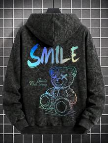 男士黑色灰色水洗紮染漸層彩色線條 SMILE X-Eye 熊圖案連帽衛衣，寬鬆版型袋鼠口袋抽繩運動衫 - 黑色 - 查看 5