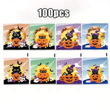 100pcs 4-In-1 New Halloween Series Cute Cartoon Castle Ghost Cat Pumpkin Transparent Self-Adhesive Bags, Halloween Party Small Gift Packaging Bags - Multicolor - View 11